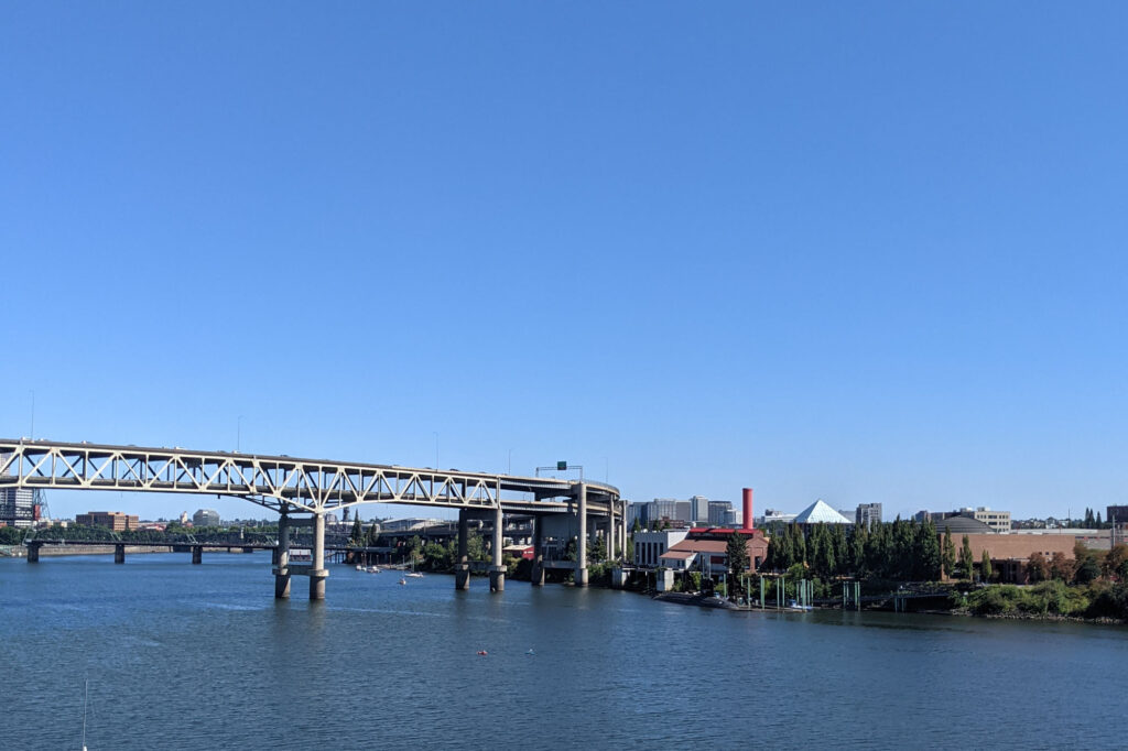 View over the Willamette of the Marquam Bridge
and OMSI